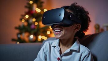 Cheerful AfricanAmerican child in pajamas using VR headset at Christmas time home setting photo