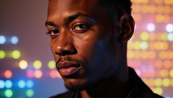 Portrait features a young African American man with geometric facial structure against a backdrop of vibrant neon colors photo
