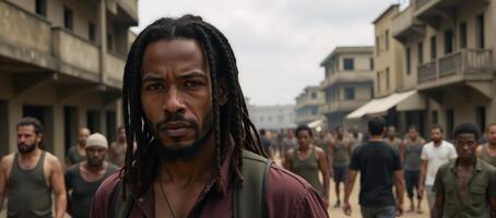 African American man with dreadlocks and sad expression amidst postapocalyptic crowd photo