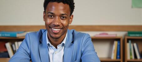 Portrait of cheerful AfricanAmerican student seated in classroom setting photo