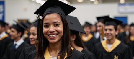 A smiling graduate in a cap and gown with fellow classmates at a commencement ceremony photo