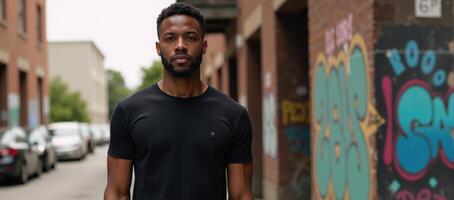 Confident African American male in fitted black tee against an urban backdrop captured under soft bokeh lighting to showcase textures and fit photo