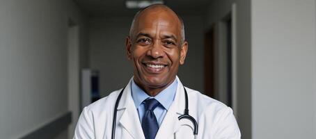 Confident African American doctor in a white coat and stethoscope portrayed as a portrait subject photo
