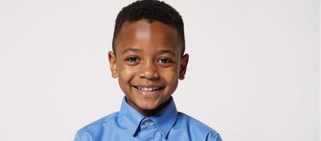 Portrait of a young AfricanAmerican boy smiling gently in a blue shirt against a pure white backdrop photo