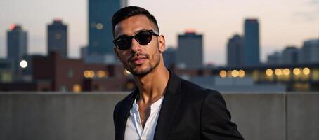 A stylish confident black male model posing with swagger in a trendy outfit amidst a modern city skyline at twilight photo