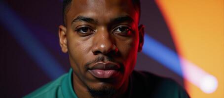 Portrait features a young African American man with geometric facial structure against a backdrop of vibrant neon colors photo