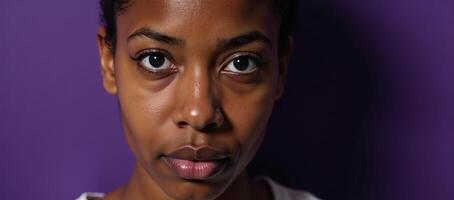 Collection of abstract concepts depicting an African American young woman experiencing feelings of inferiority emptiness despondency apathy and desperation in purple tones photo