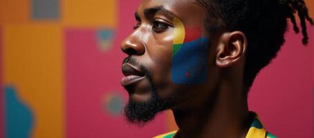 Colorful portrait showcases an AfricanAmerican man with a focused expression in a closeup facial profile photo