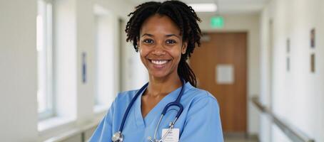 Smiling African American Nurse Portrayed Standing in Hospital Corridor Portrait Style photo