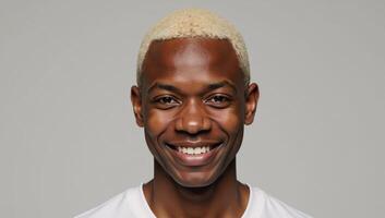 Portrait of a smiling young African American albino man facing camera against blurred background photo