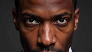 Closeup portrait of an African American man with striking blue eyes and an intense gaze photo