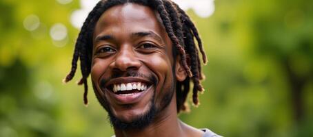 Portrait of an African American man smiling outdoors casual style positive expression photo