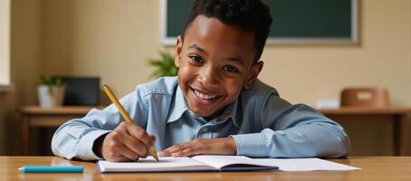 Cheerful African American boy engrossed in homework with radiant smile under warm lighting photo