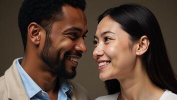 Realistic portrait featuring interracial couple expressing their love and affection photo