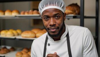 Young AfricanAmerican man donned in white hairnet apron working in bakery with fresh pastries behind him photo