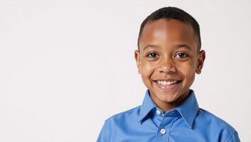 Portrait of a young AfricanAmerican boy smiling gently in a blue shirt against a pure white backdrop photo