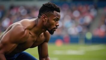 Digital portrait showcasing an African American male football player against a backdrop photo
