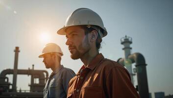 Worker in helmet against gritty industrial backdrop Double Exposure photo