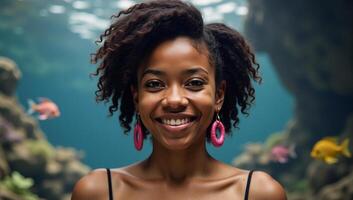 Vibrant underwater setting showcases an African American woman with a playful expression ideal for creative or romantic motifs photo