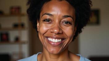 A joyful selfportrait captures a smiling African American woman radiating warmth amidst a cozy home setting Warm Lighting Comfortable Home photo