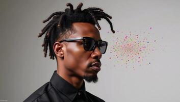 Creative portrait showcasing an African American man in sunglasses and vibrant hair exploding with colors symbolizing imagination photo
