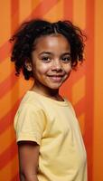 AfricanAmerican girl depicted against vibrant orange verticalstriped backdrop illustrated using warm color palette and graphical elements photo