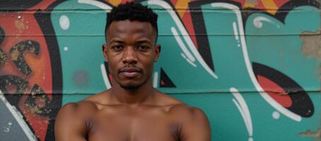 Young man in muscular form poses against graffitied backdrop AfricanAmerican photo