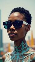 A creative blend of African American woman with sunglasses and techinspired abstraction captures the humantech connection in a futurefocused setting photo