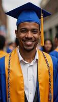 Young African American graduate smiling proudly with cap gown photo