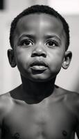Blackandwhite portrait captures an expressive preschool African American boy under bright daylight looking up with clear skin and short hair photo