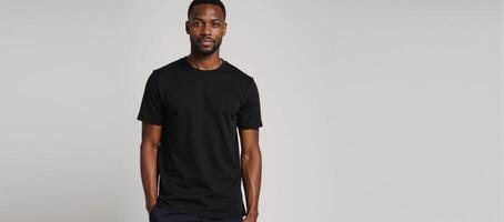 African American male model in plain black tee shirt for logodesign mockups photo
