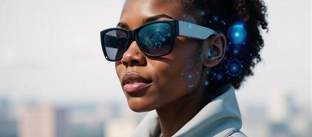 A creative blend of African American woman with sunglasses and techinspired abstraction captures the humantech connection in a futurefocused setting photo