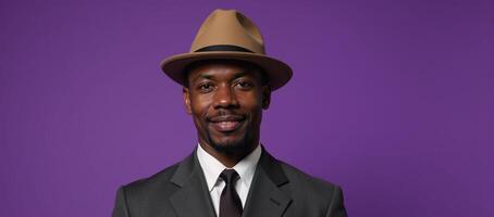 African American man depicted in vintage attire hat suit against a purplish backdrop resembling 1930s40s era workingclass portrait photo