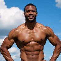 A muscular AfricanAmerican man poses against a blue sky with clouds displaying six pack abs photo