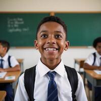 A hopeful schoolboy smiling with optimism captured against an urban backdrop photo