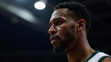 Closeup portrait of an African American basketball player defiant expression lit by a single courtlight photo