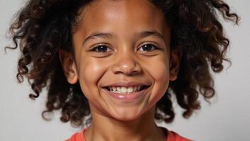A photorealistic portrait of a cheerful 6yearold African American girl photo