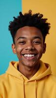 Closeup cartoon portrait of an happy and funny Generation Z Black teenage boy with cool curls smiling against a soft pastel background in animation style photo