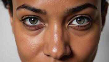 Closeup portrait of an African American woman with striking blue eyes and an intense gaze photo