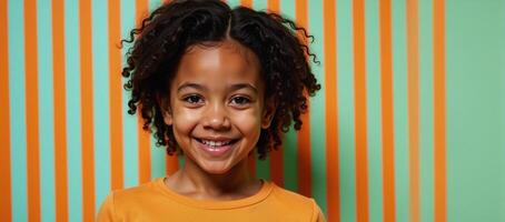 AfricanAmerican girl depicted against vibrant orange verticalstriped backdrop illustrated using warm color palette and graphical elements photo