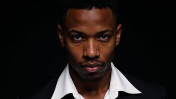 Portrait of a darkskinned African American man against a black backdrop photo