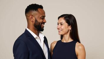 Smiling AfricanAmerican man gazes at woman in portrait setting photo