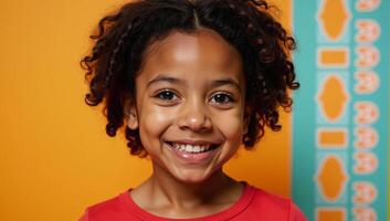 AfricanAmerican girl depicted against vibrant orange verticalstriped backdrop illustrated using warm color palette and graphical elements photo