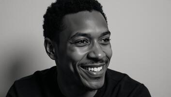Closeup portrayal of an introspective African American man with soft facial characteristics defined jawline and heartfelt gaze in high contrast black white style photo