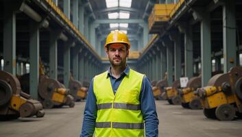 A worker donning a yellow vest and hard hat is depicted inside an industrial building photo