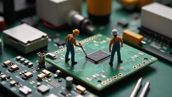 Creative miniature construction workers constructing microchip circuit board technology concept photo