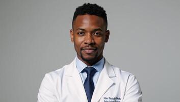 Portrait highlighting African American doctors set against white background photo