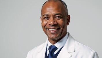 A smiling senior AfricanAmerican man is depicted as a doctor photo