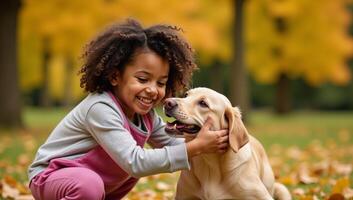 An AfricanAmerican girl and her playful dog enjoy autumn fun in a park emphasizing their joyous friendship and the theme of childhood outdoor activities photo