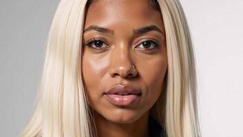 A beautiful AfricanAmerican model donning long white locks photo